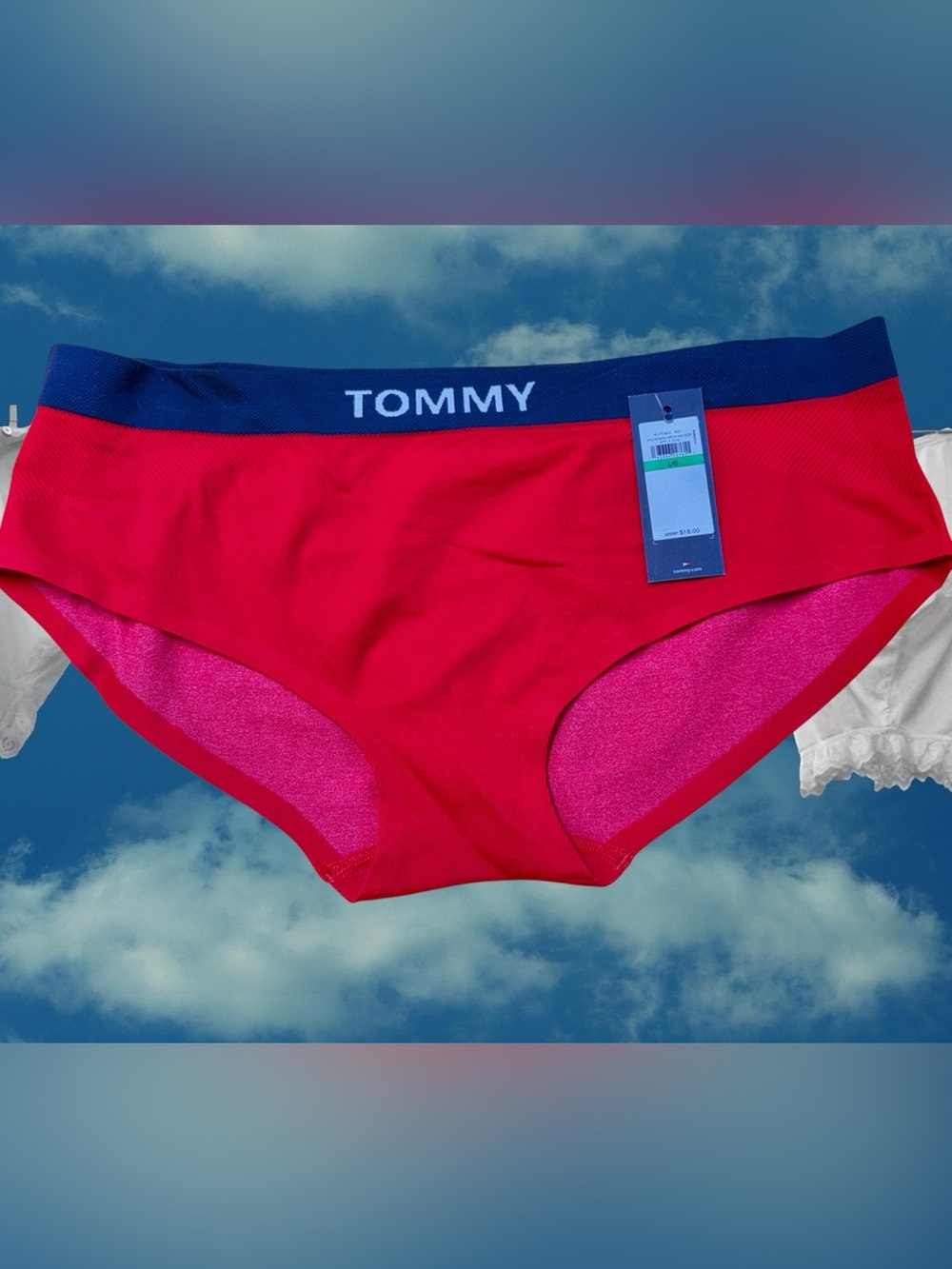 Tommy Hilfiger women’s size large Red Bikini hipster panties Navy logo Waist $18